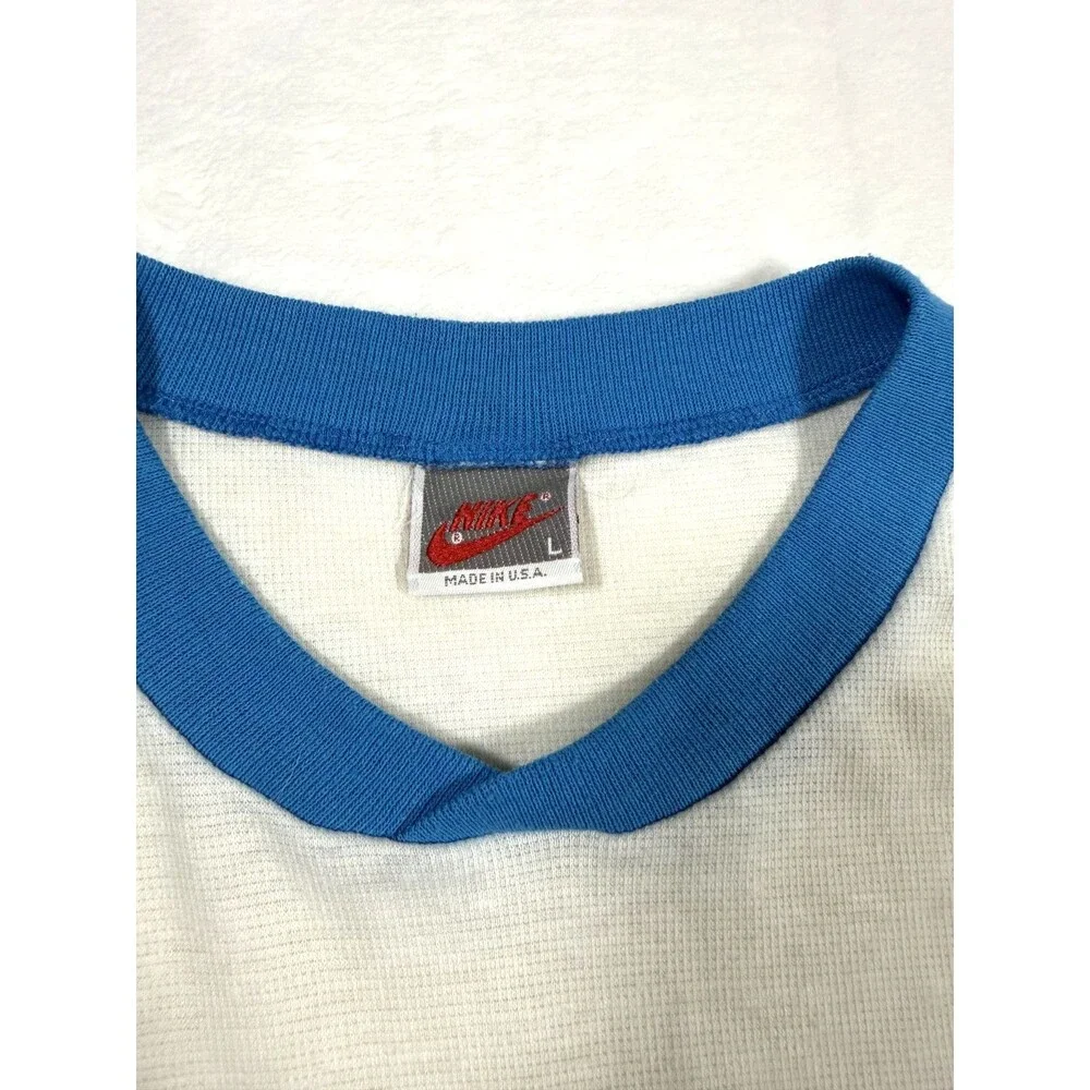 Vintage Nike Color Block T Shirt Men's Large Blue Made in USA Back Graphic Logo